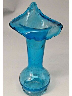 Art Glass VaseTulip Top Hand Blown Controlled Bubbles Aqua Blue
